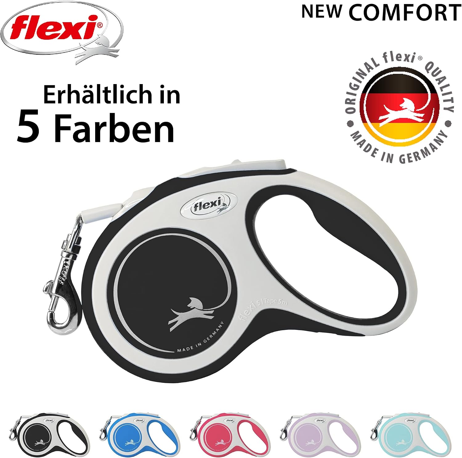 flexi Comfort S 5 m Gurt-Rollleine Schwarz fuer Hunde bis 15 kg 221 g