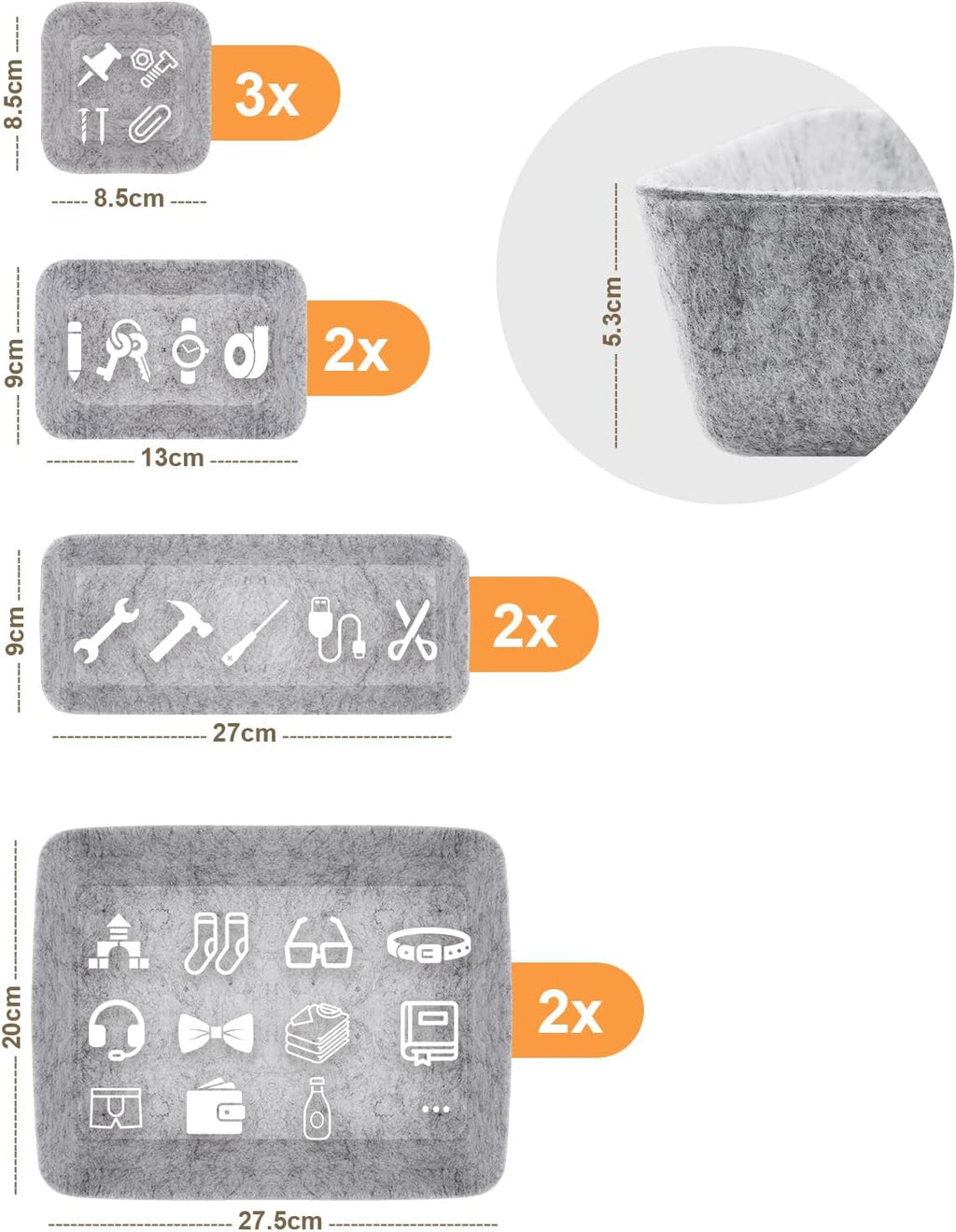 Filz Schubladen-Organizer 9er Set, Aufbewahrungsboxen 4 Groessen fuer Buero Tisch