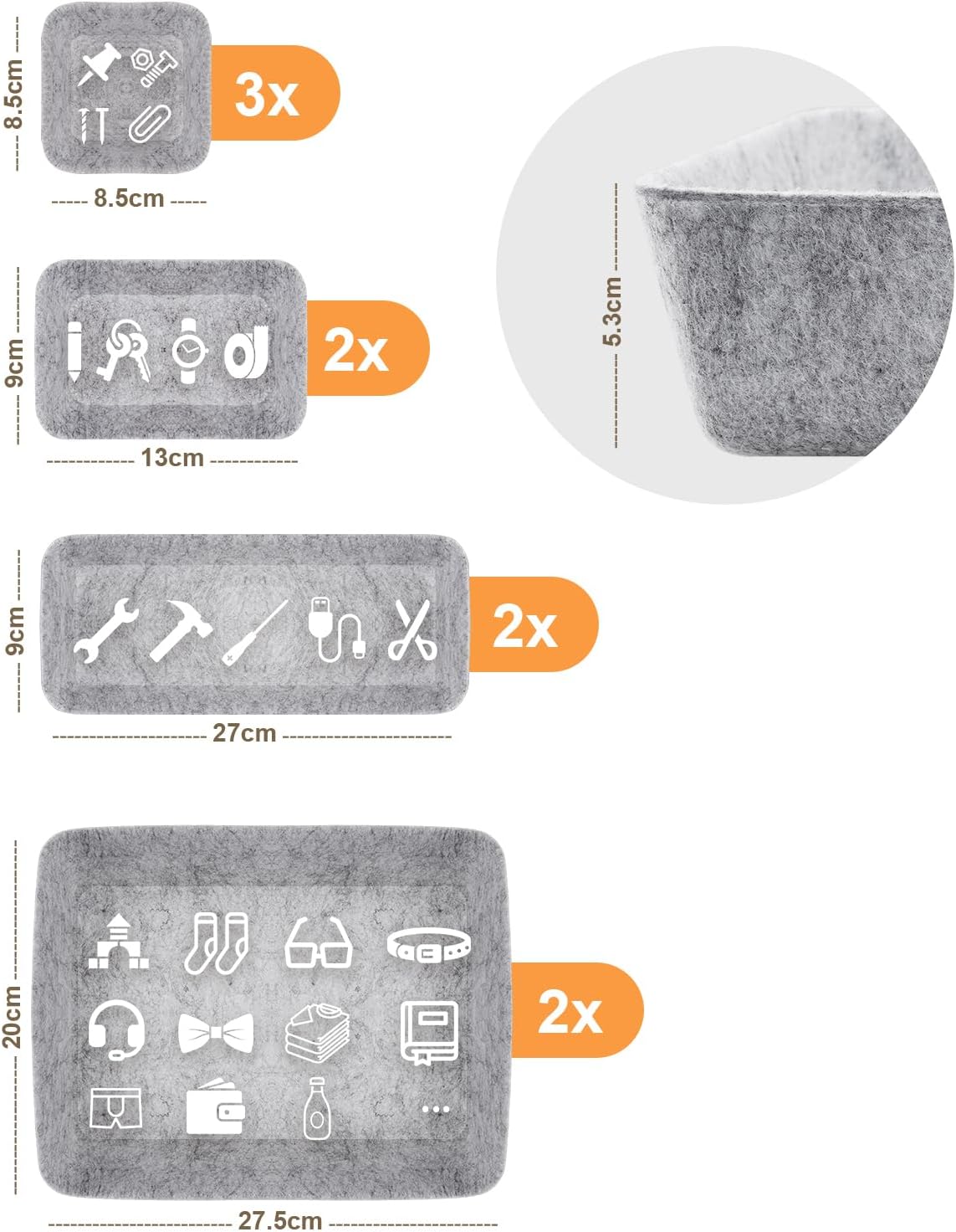 Filz Schubladen-Organizer 9er Set, Aufbewahrungsboxen 4 Groessen fuer Buero Tisch