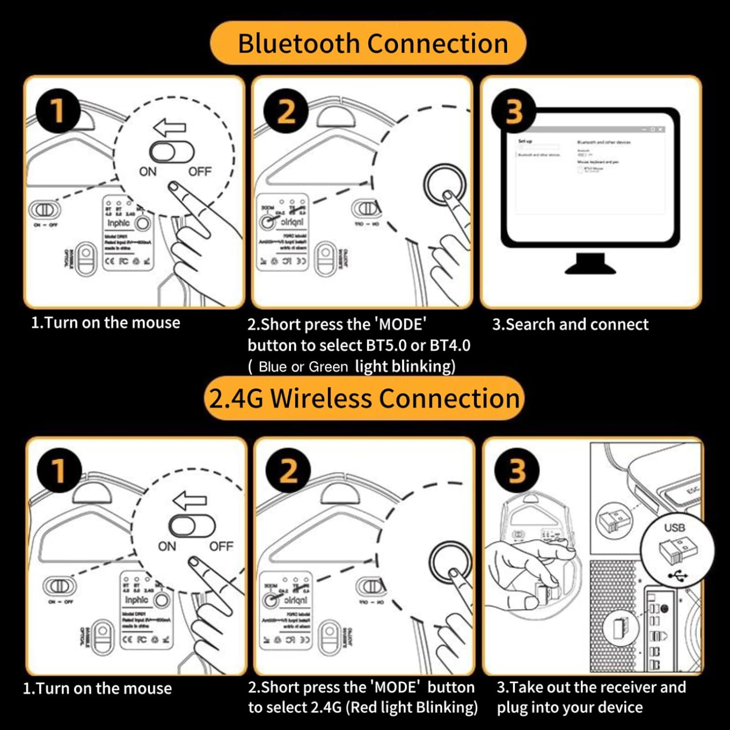 Uineer Bluetooth Maus kabellos tri‑Modus BT5.0/4.0+ ergonomisch violett