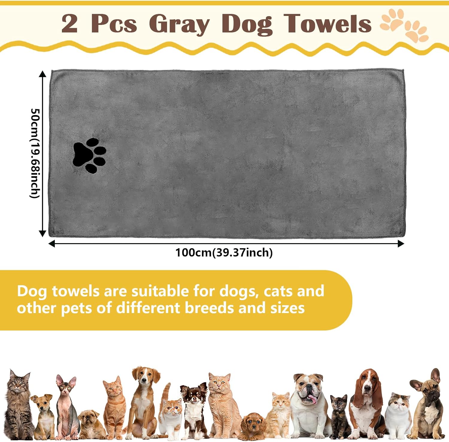 Hundehandtuch Mikrofaser 75x35 cm, 2er Set, extra saugfaehig, 35cm-50cm