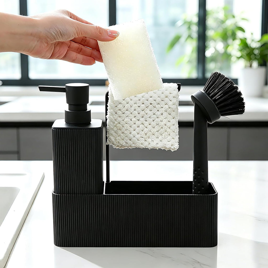 Spuelmittelspender mit Schwammhalter Schwarz Set fuer Kueche Waschbecken