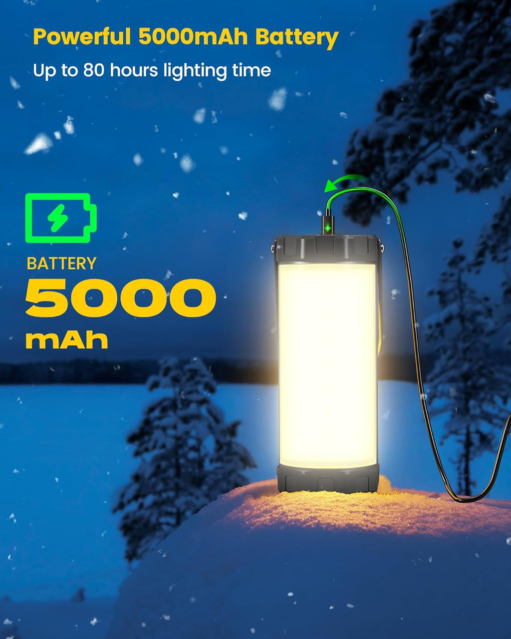 Glocusent Campinglampe 5000mAh mit 5 Helligkeitsstufen, SOS, IP68, 80 Std
