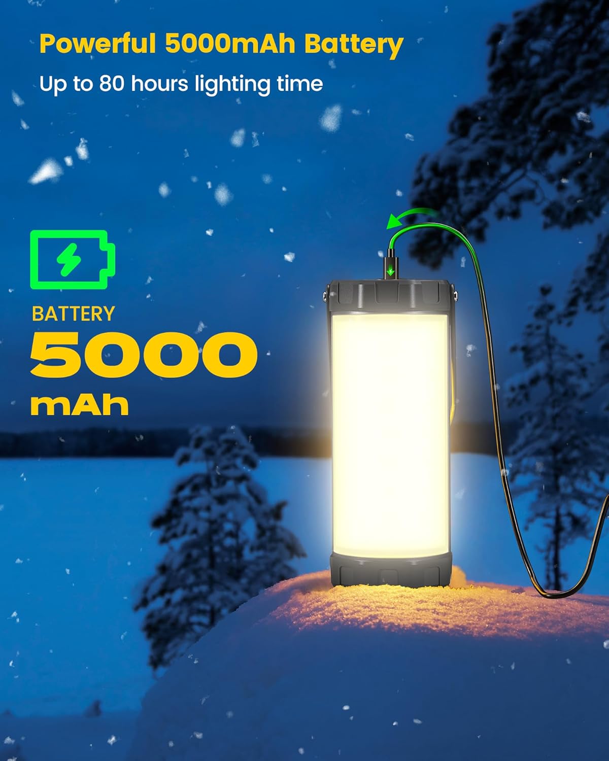 Glocusent Campinglampe 5000mAh mit 5 Helligkeitsstufen, SOS, IP68, 80 Std