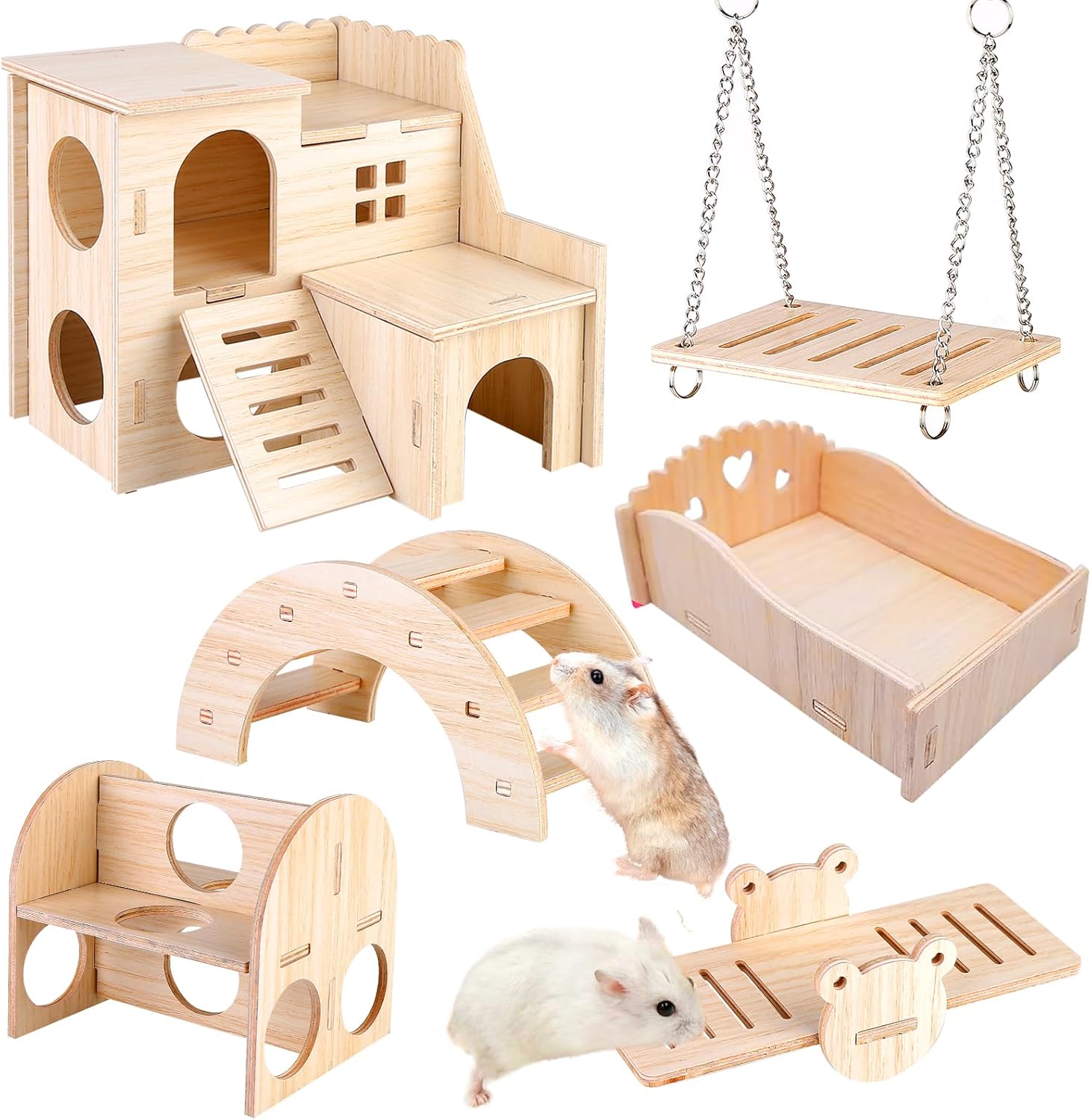 6x Hamster Holzspielzeug Set Haus Brücke Wippe Käfigzubehör