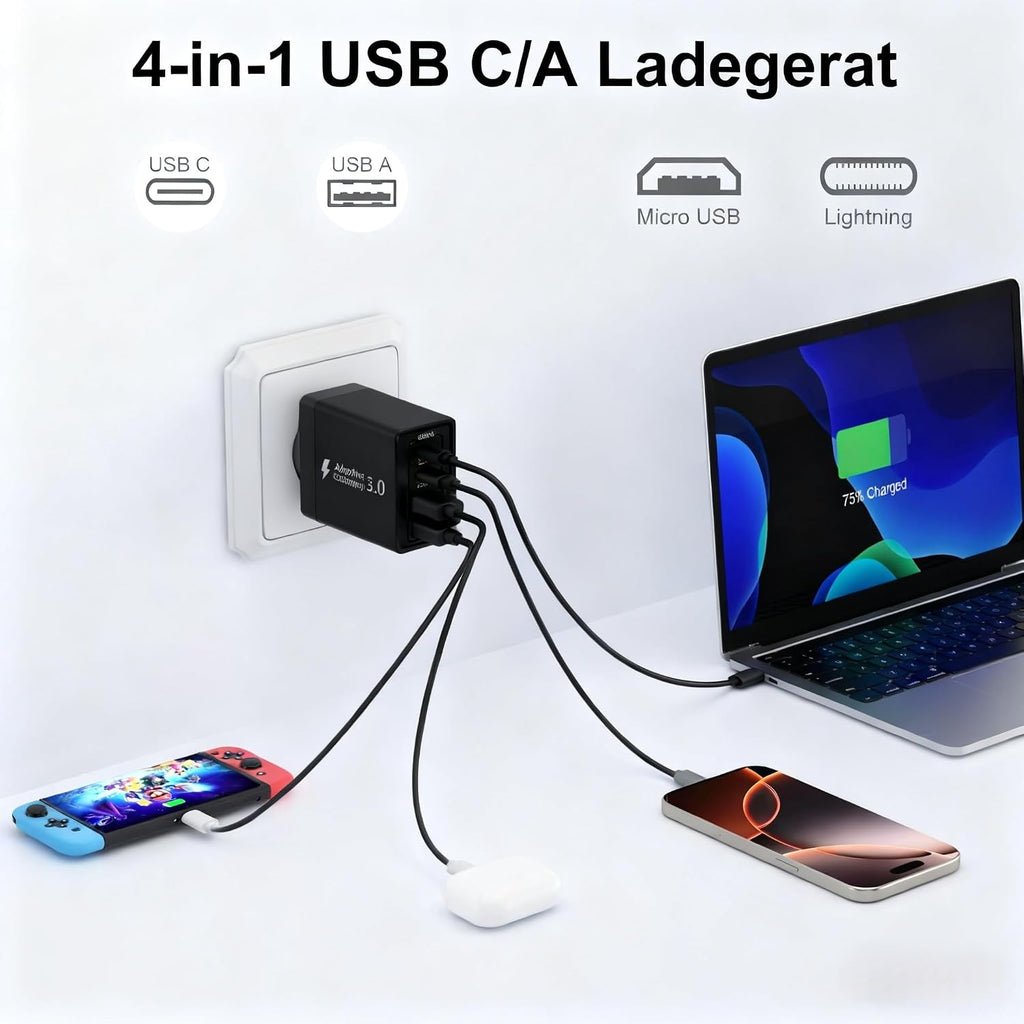 45W USB C Ladegeraet 4 Port Schnellladegeraet mit USB A und USB C