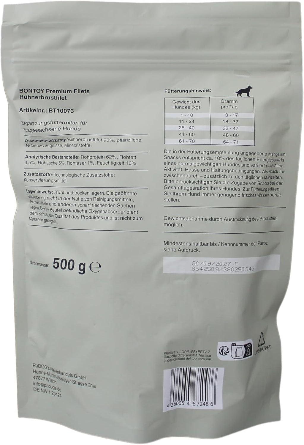 BONTOY Hähnchenbrustfilet 500 g Luftgetrocknet Hundesnack wiederverschließbar