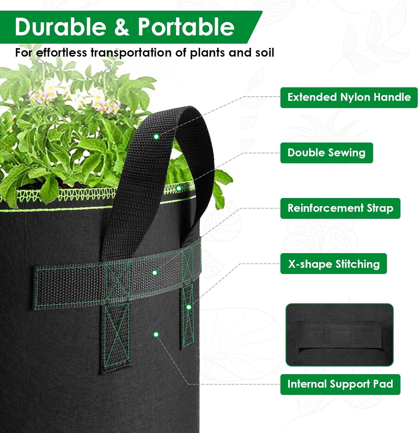 5er Set Stofftopf Vlies Grow Bag mit Griffen + 100×100 cm Pflanzmatte -6
