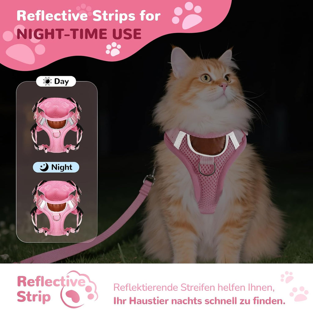 Katzengeschirr verstellbar mit Leine S-L, ausbruchsicher, reflektierend, atmungs