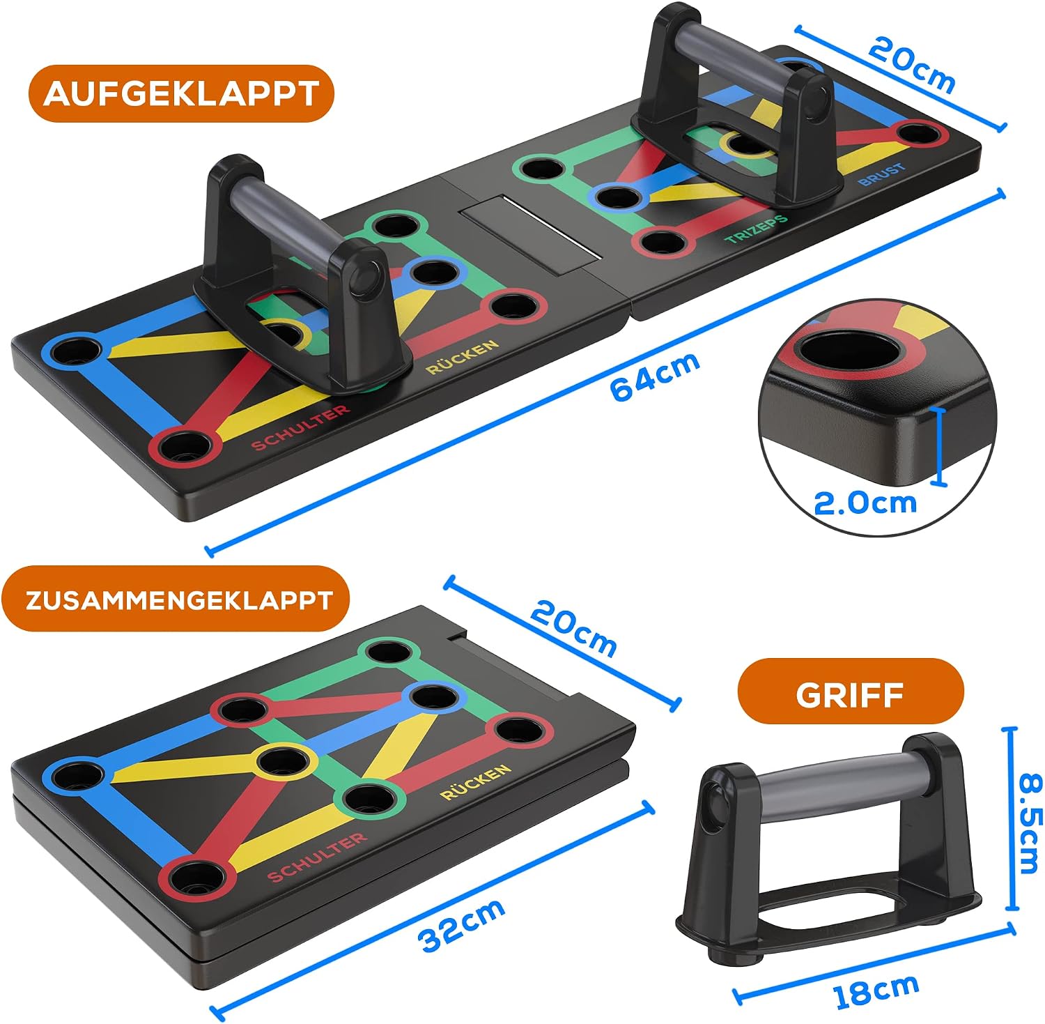 ALPHASKIN Push Up Board klappbar 12-in-1 mit Anti-Rutsch Griffen Brust Schulter