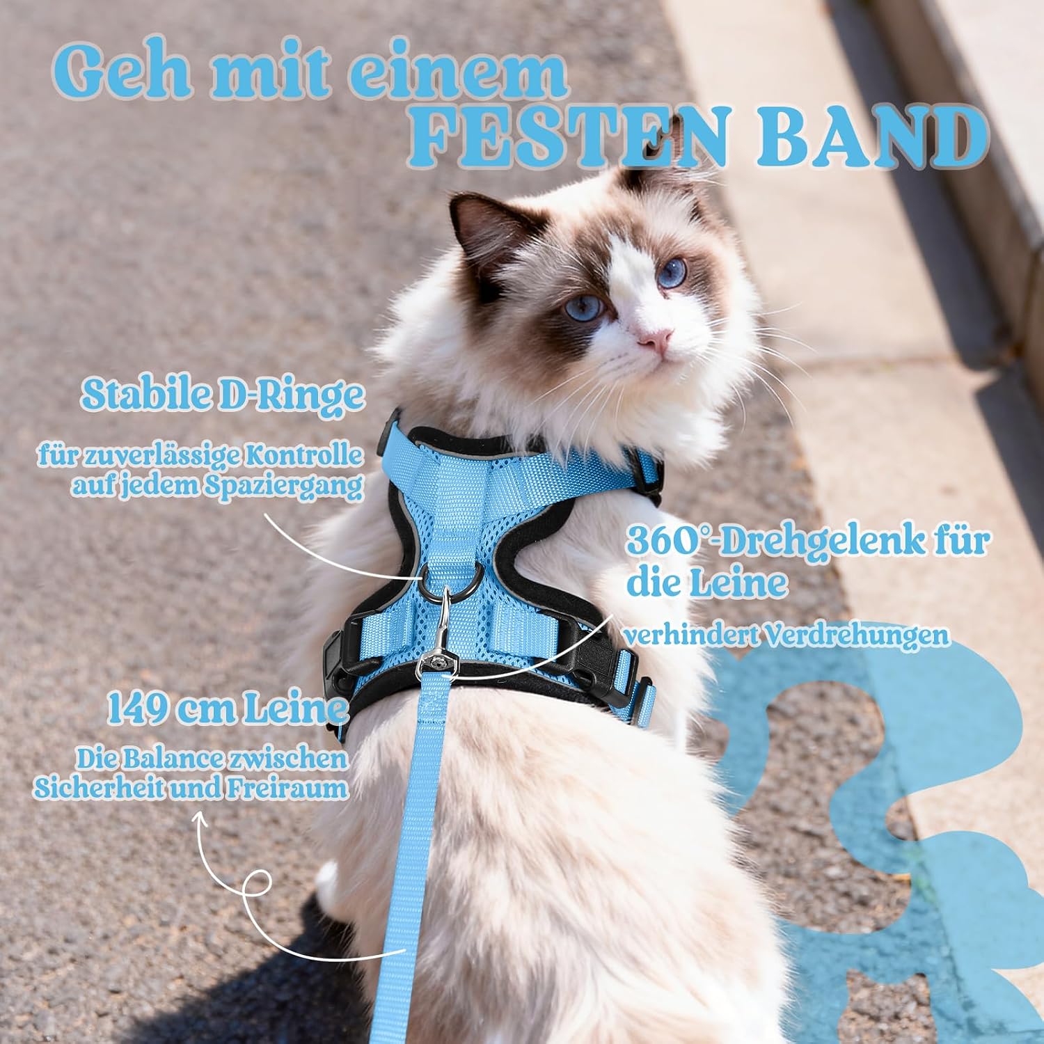 rabbitgoo Katzenweste Geschirr ausbruchsicher verstellbar XS Hellblau mit Leine