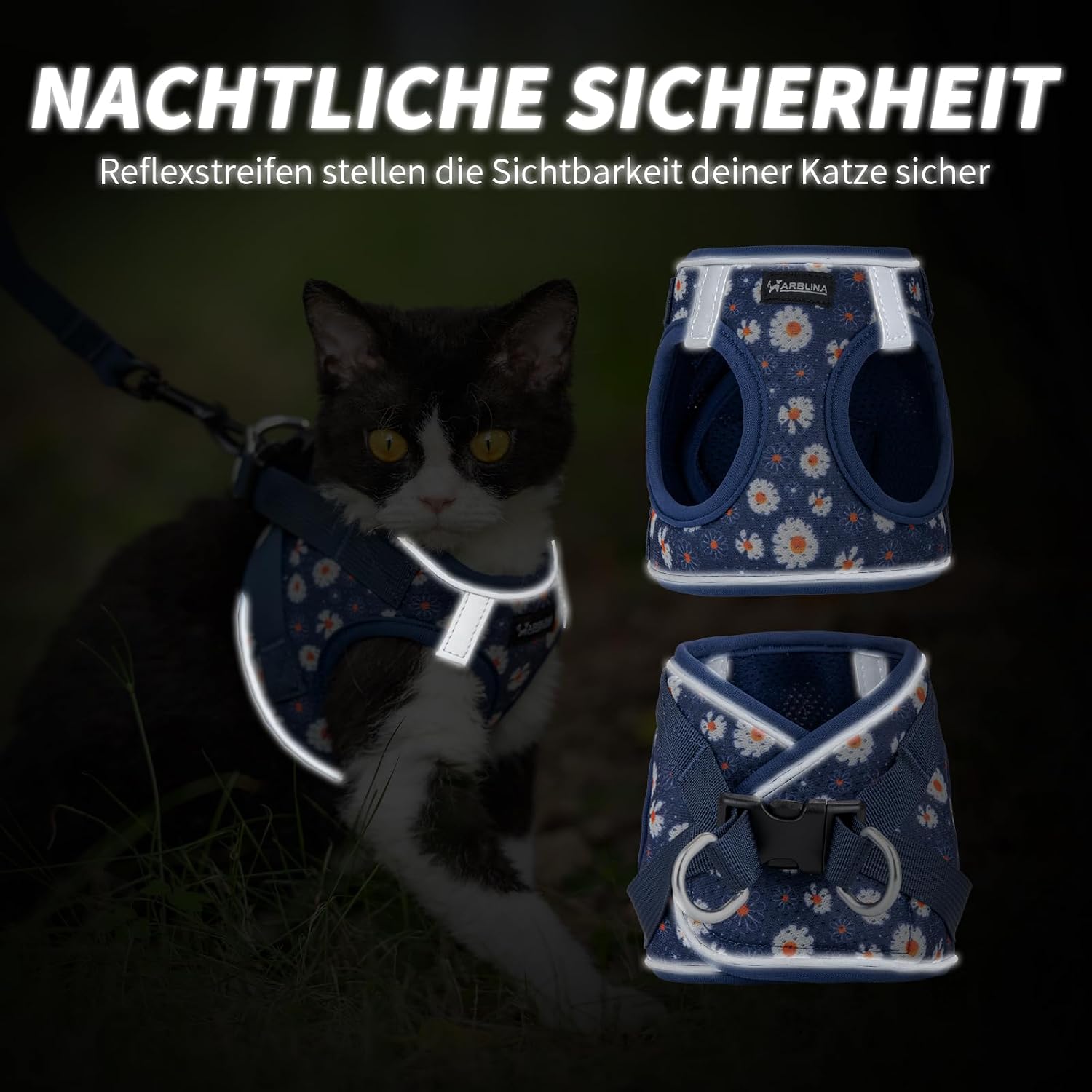 Arblina Katzengeschirr weich atmungsaktiv mit Reflektor und Leine in mehreren Farben