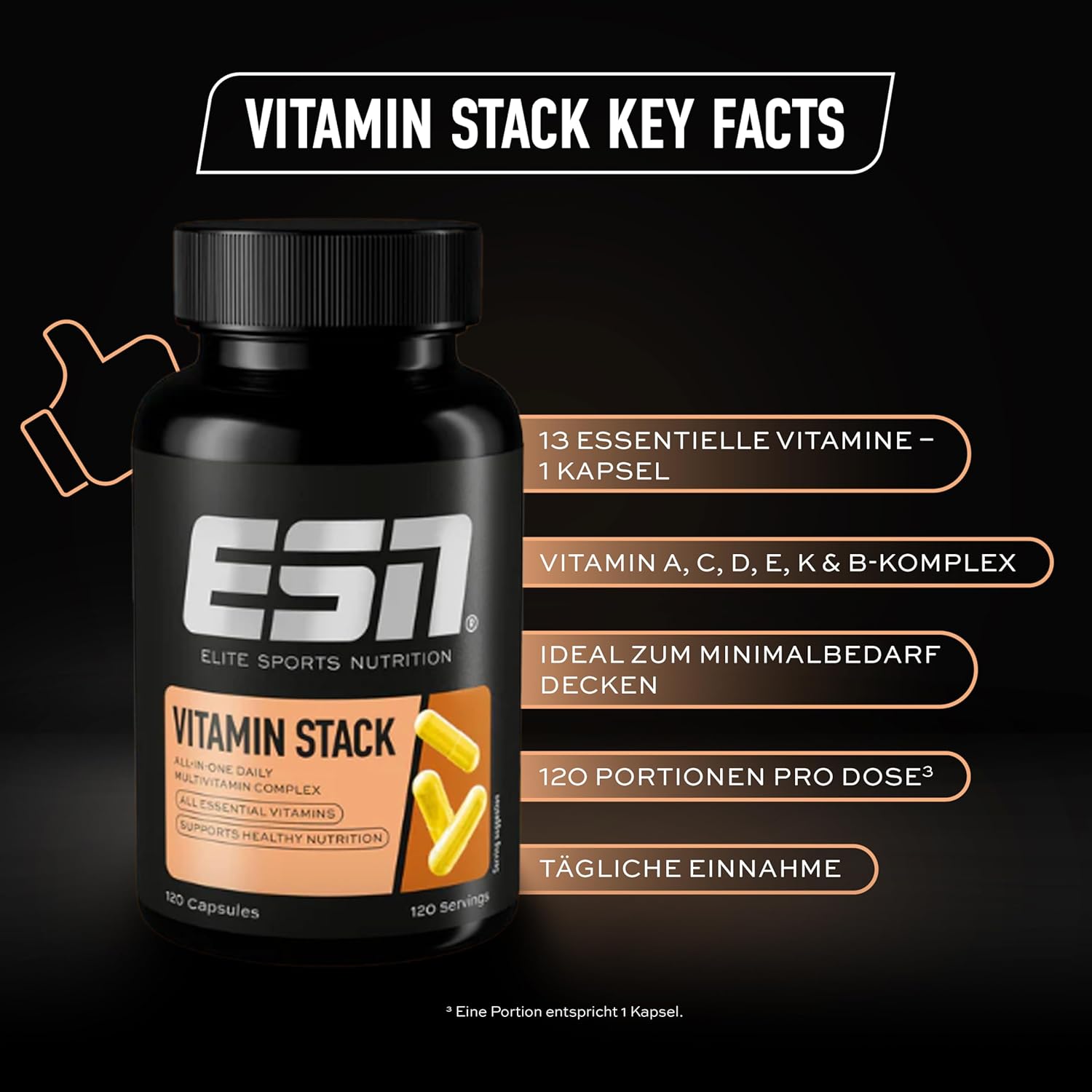 ESN Vitamin Stack Multivitamin 120 Kapseln 1‑Kapsel taeglich 13 Vitamine Made in