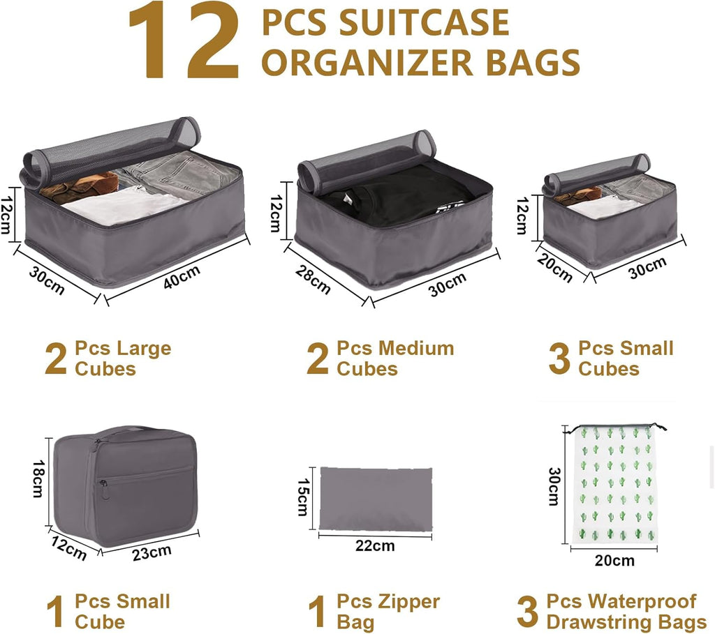 Koffer Organizer Set 12 Stueck Packwuerfel Reise Gepaeck Organizer Grau