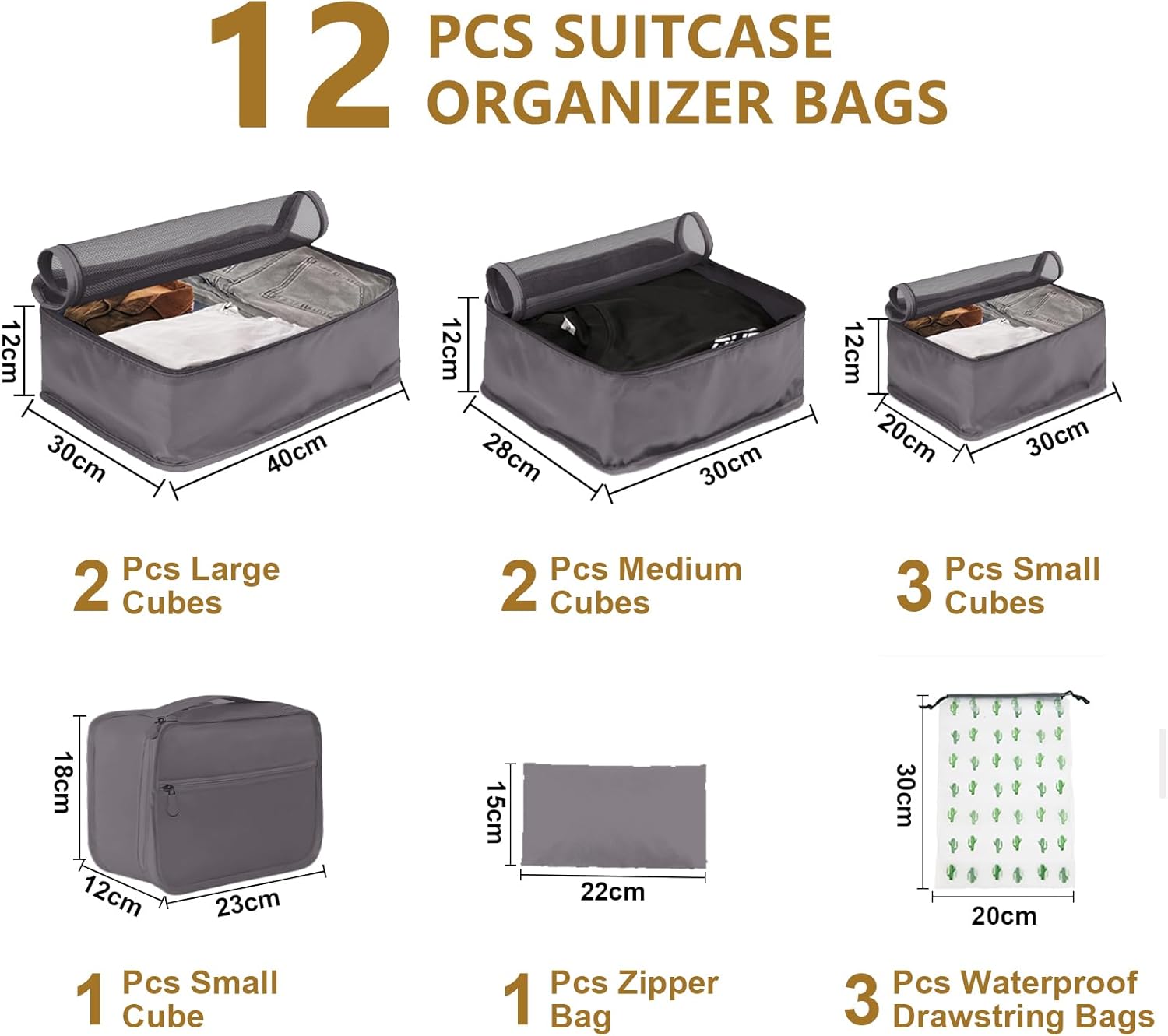 Koffer Organizer Set 12 Stueck Packwuerfel Reise Gepaeck Organizer Grau