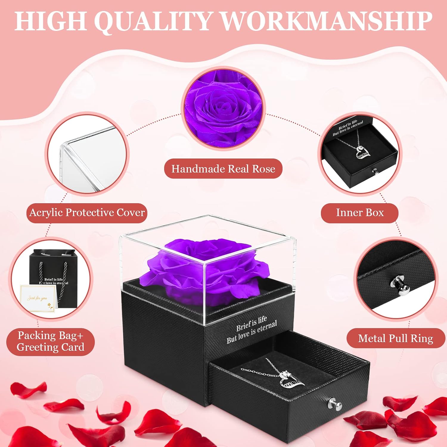 Ewige Rose Geschenkbox fuer Frauen mit I Love You Halskette Schmuckset