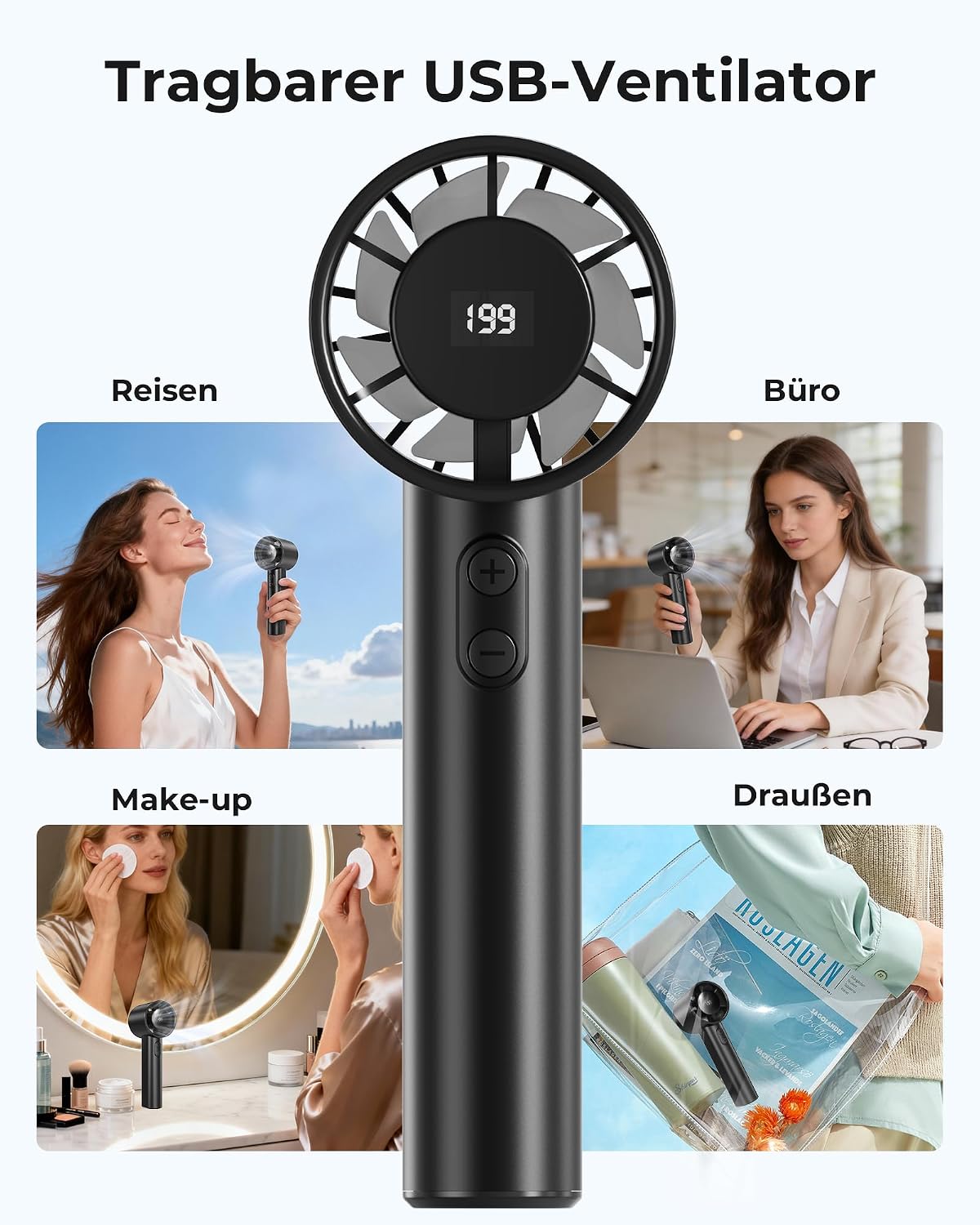 Handventilator Mini USB mit Akku, LED Display, 1-199 Stufen, bis 13 Std, Schwarz