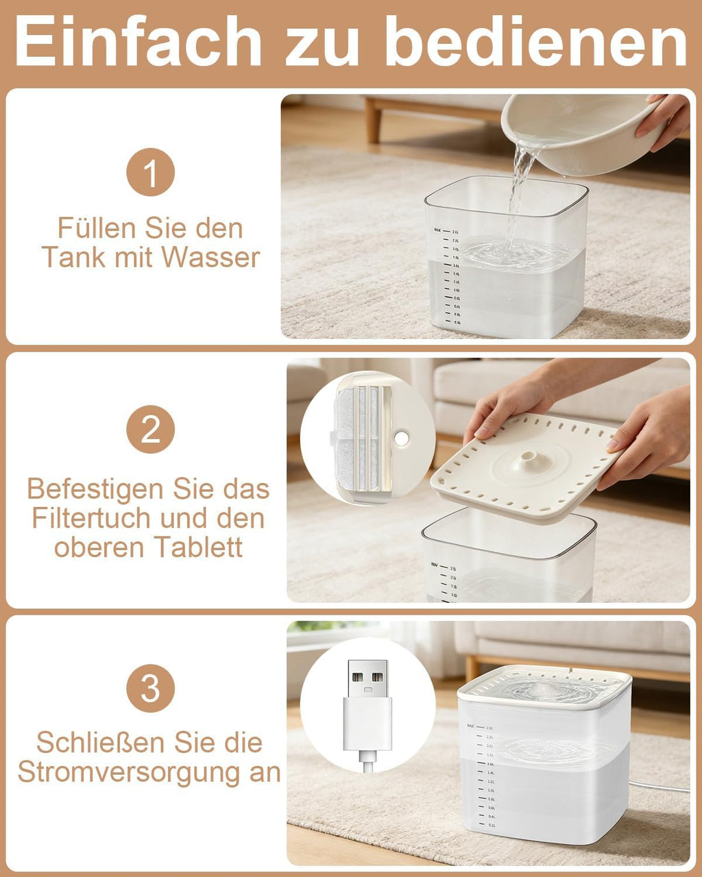 Katzen Trinkbrunnen 3L mit leisem Pumpenmotor transparentem Tank und 2 Filtern