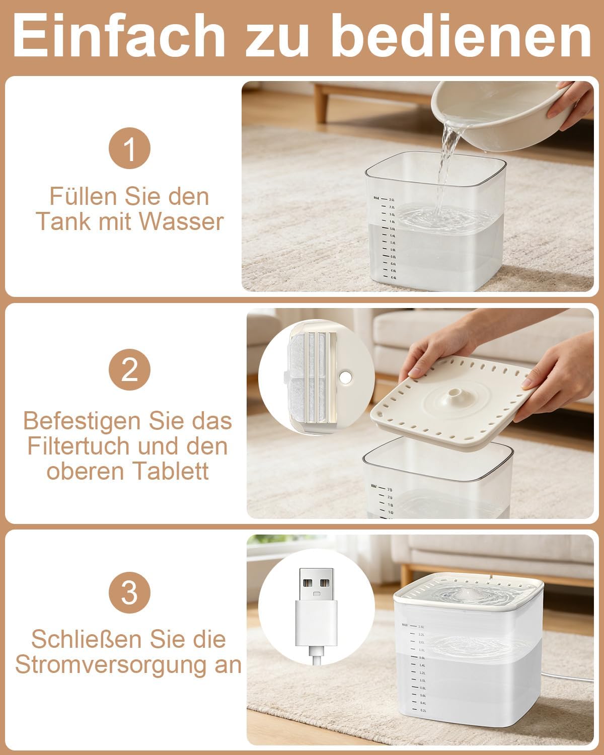 Katzen Trinkbrunnen 3L mit leisem Pumpenmotor transparentem Tank und 2 Filtern