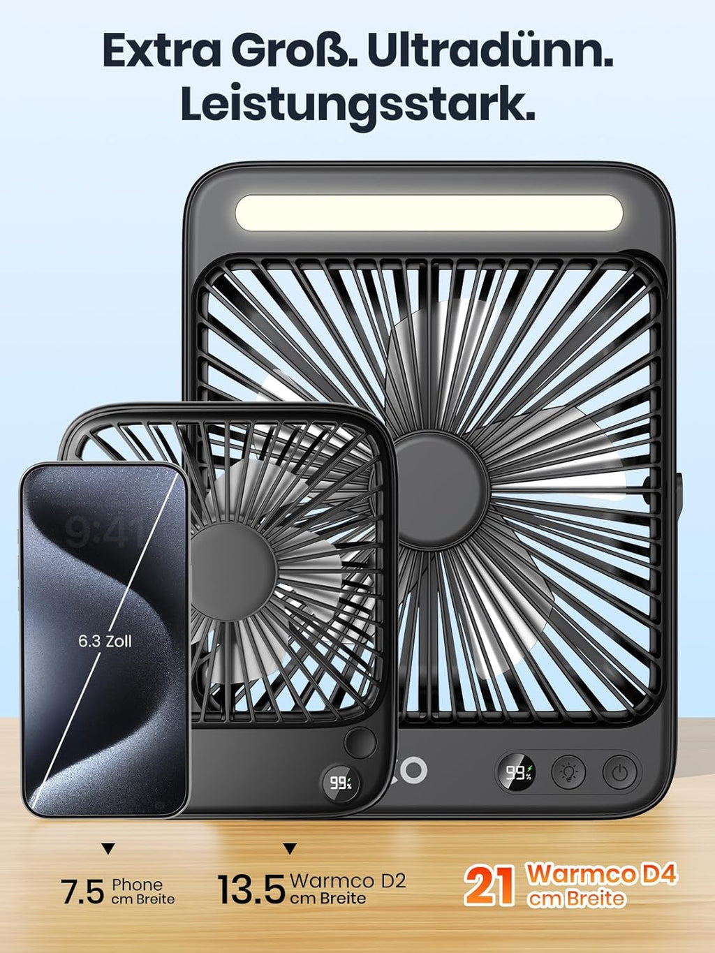 Warmco Akku-Ventilator 20000 mAh 27 cm mit Lampe, Display, Haken, USB