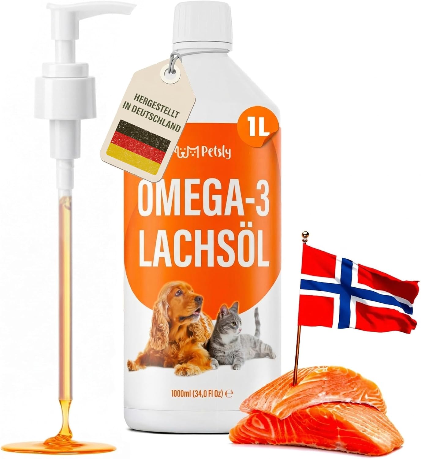 Lachsoel 1 L Norwegen fuer Hund und Katze Omega 3 6 9 Vitamin E Pumpe