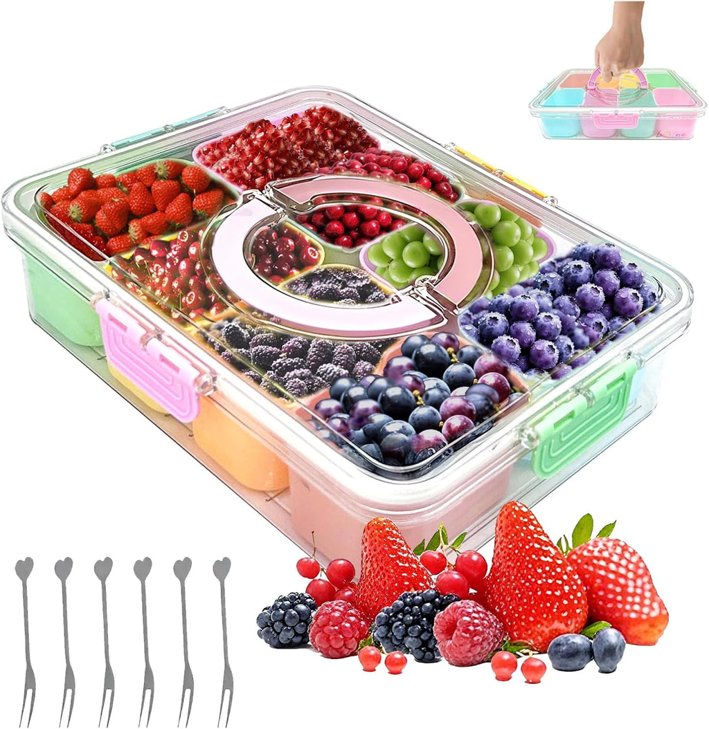 Snackbox 8 Faecher mit Deckel, 6 Obstgabeln und Besteckbeutel
