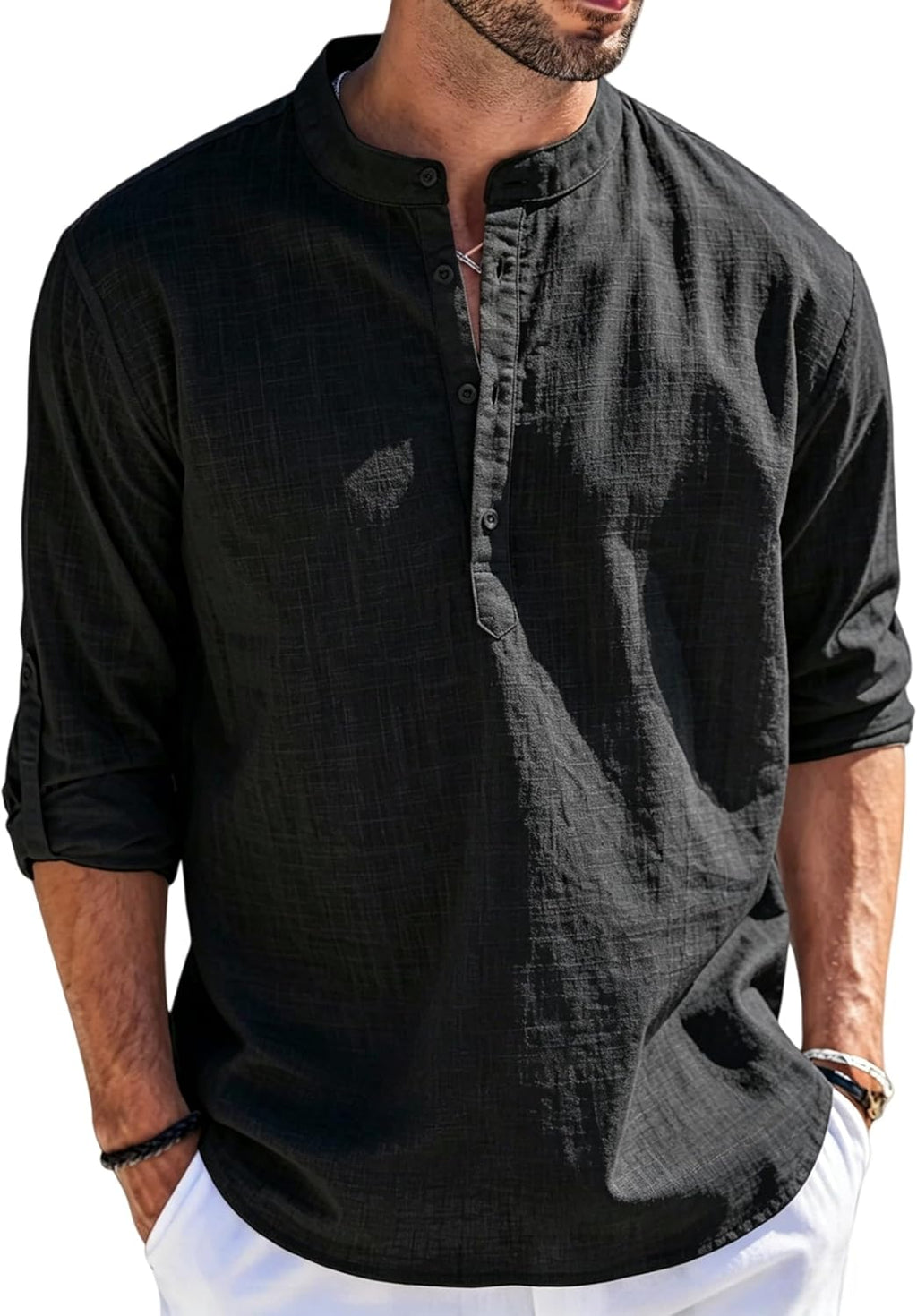Cegerne Herren Leinenhemd Langarm Henley Sommerhemd Freizeit Strand S-3XL