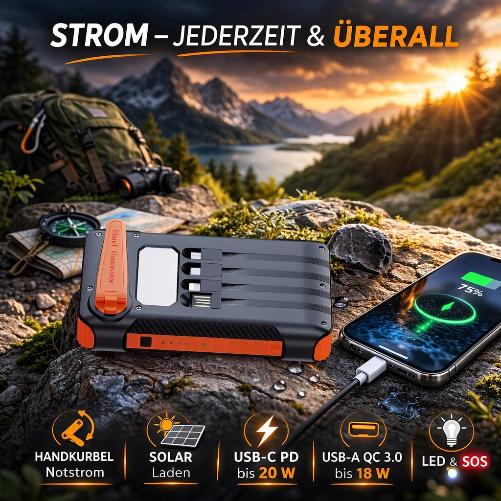 revolt Powerbank 10000 mAh USB‑C PD 20W mit Solarpanel, Kurbel & LED
