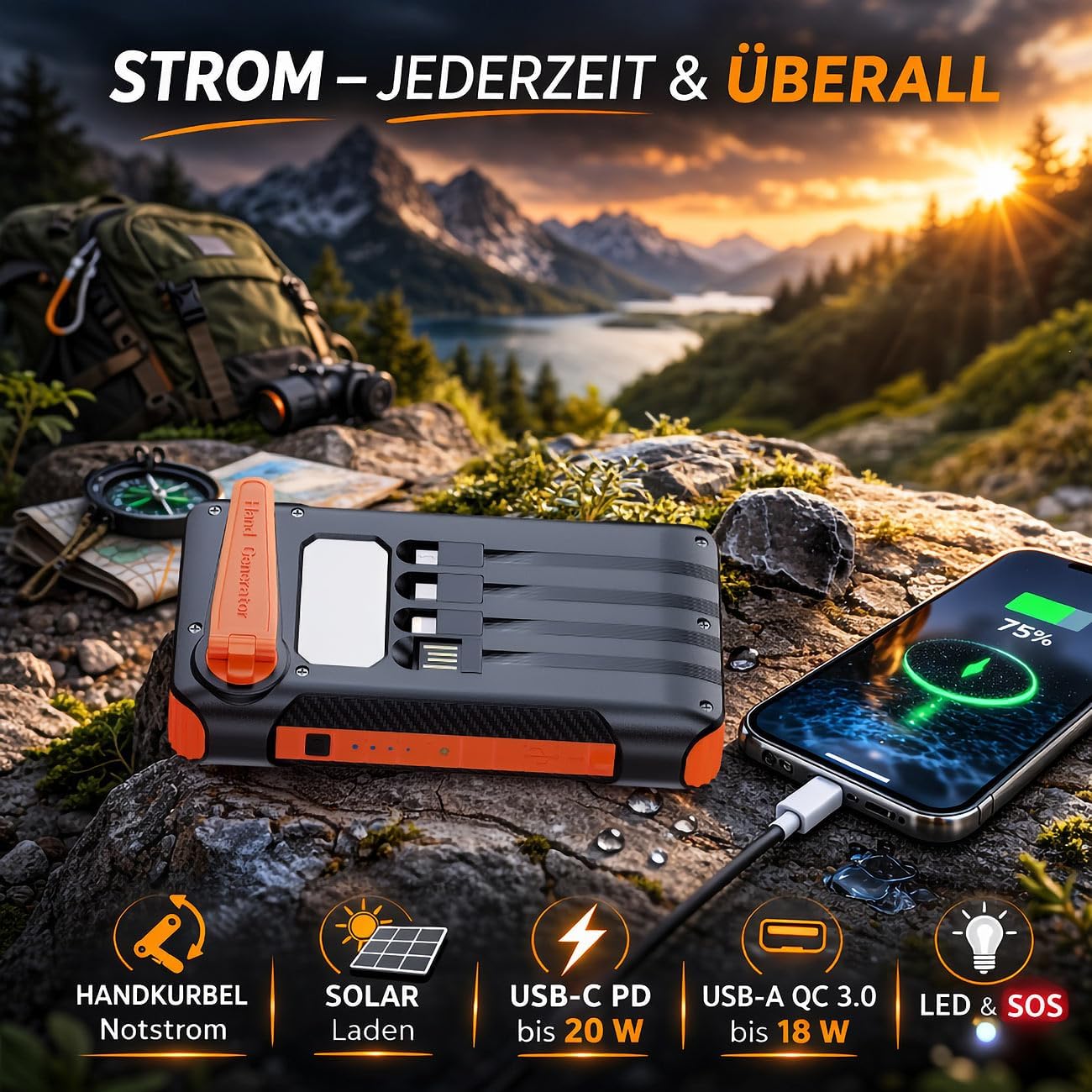 revolt Powerbank 10000 mAh USB‑C PD 20W mit Solarpanel, Kurbel & LED