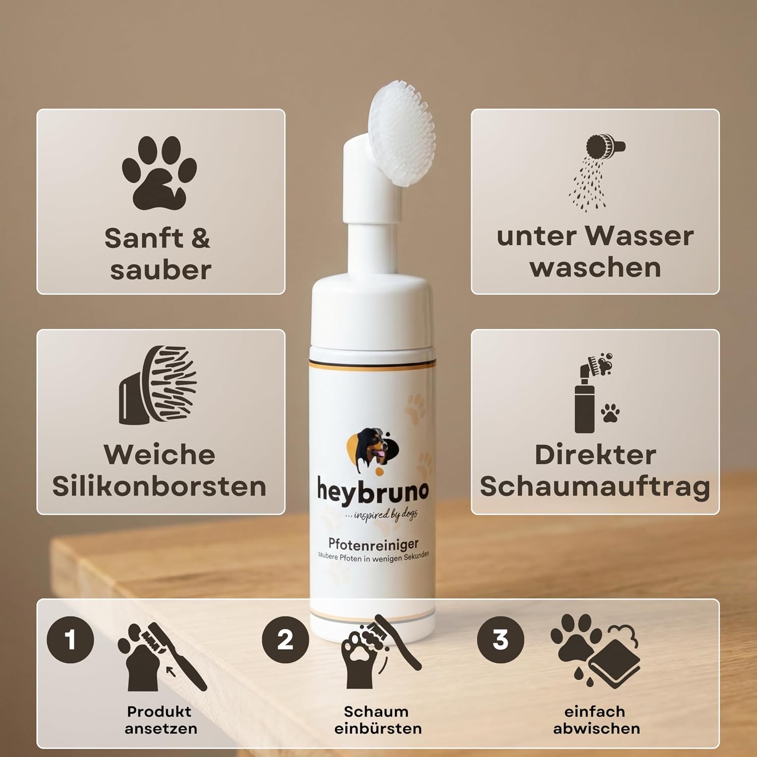Pfotenreiniger Schaum 150ml fuer Hunde und Katzen mit Buerste ohne Duftstoffe