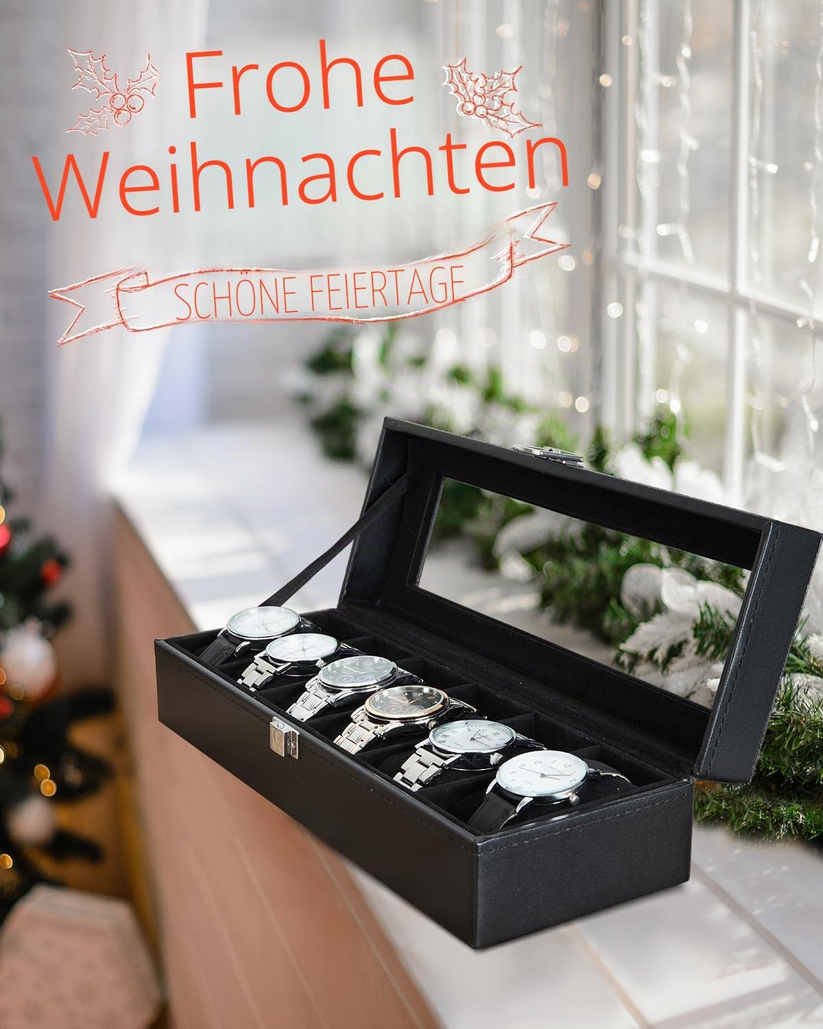 Ohuhu Uhrenbox 6 Faecher mit Glasdeckel Uhrenaufbewahrung
