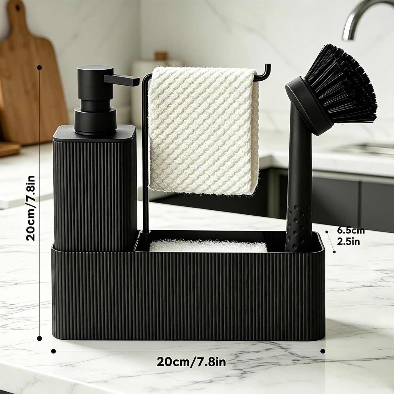 Spuelmittelspender mit Schwammhalter Schwarz Set fuer Kueche Waschbecken