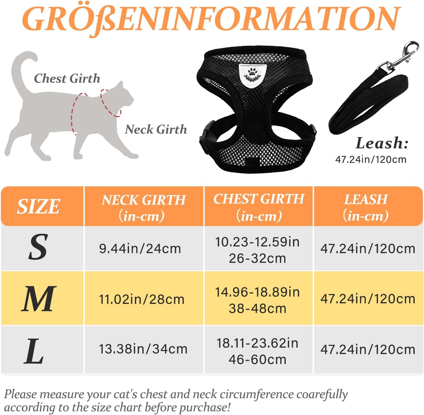 Katzengeschirr verstellbar 32cm-60cm atmungsaktiv mit Leine und Gloeckchen
