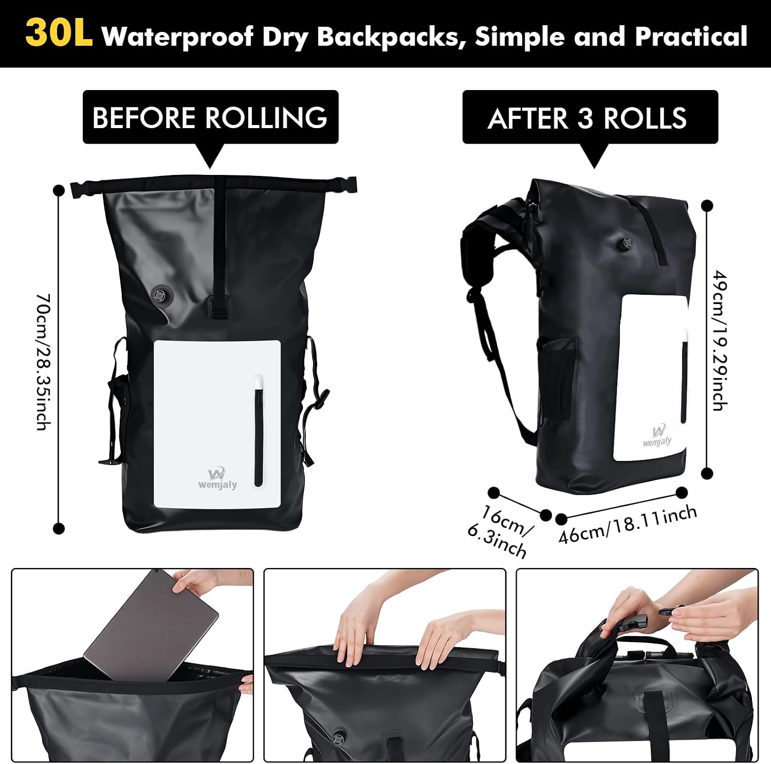 30L Rolltop Rucksack wasserdicht mit Laptopfach und IPX8 Handyhuelle