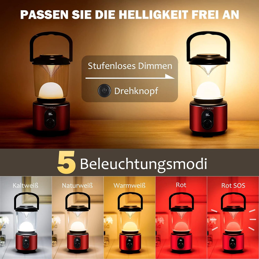 Yonktoo Campinglampe USB‑C 10400 mAh LED mit rotem Licht, LCD, IPX5
