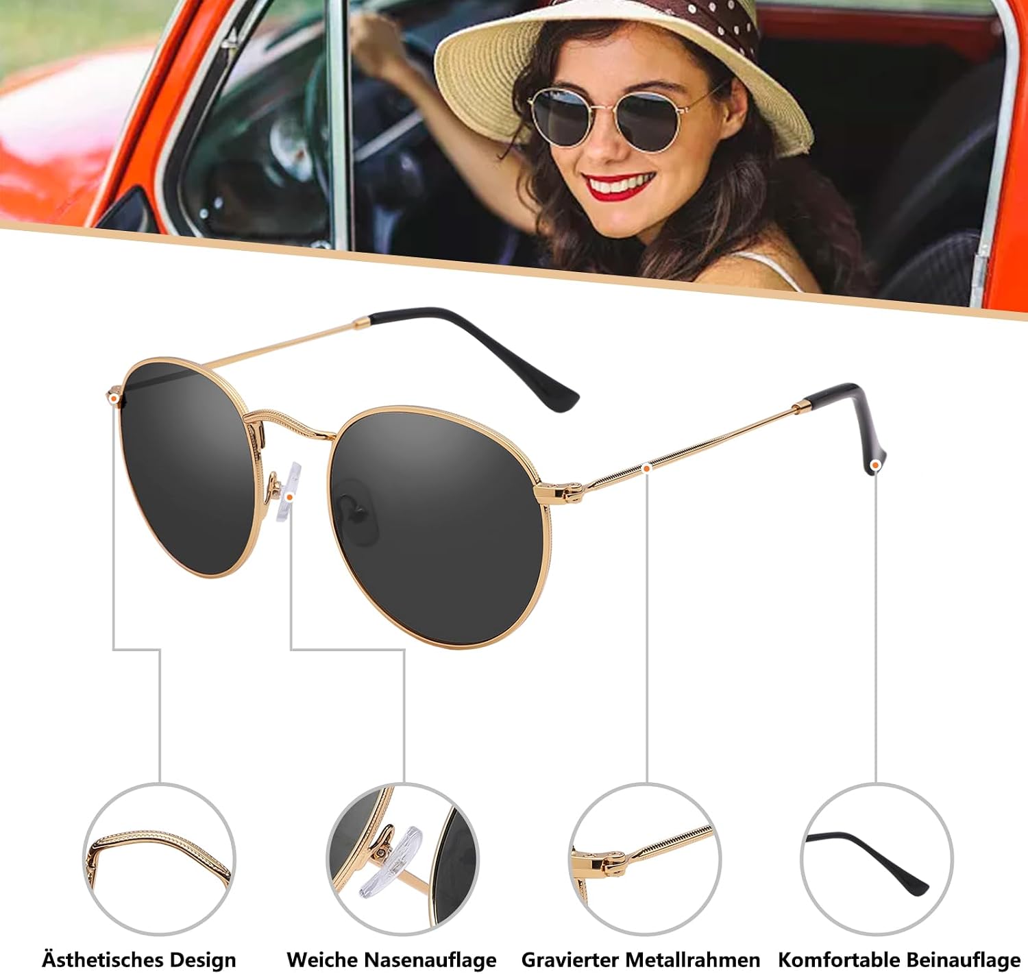 Retro Sonnenbrille rund UV400 polarisiert Herren Damen Vintage Unisex