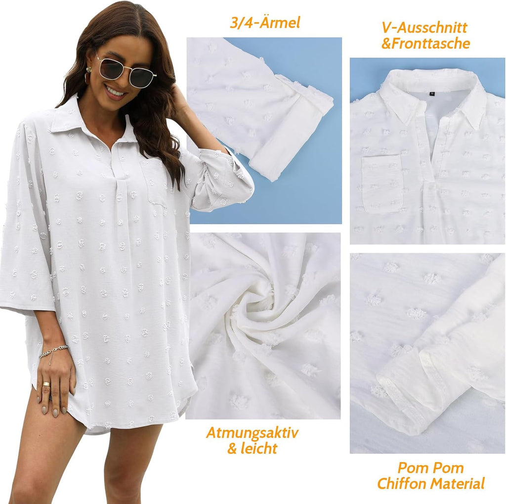 Strandkleid Damen V-Ausschnitt Baumwolle Cover-Up Strandtunika M-XL