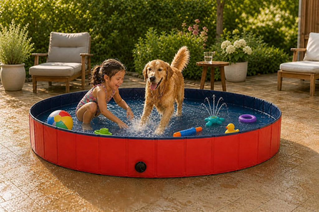 lionto Hundepool faltbar Ø 160 cm Hoehe 30 cm PVC kratzfest Anti-Rutsch Blau/Rot