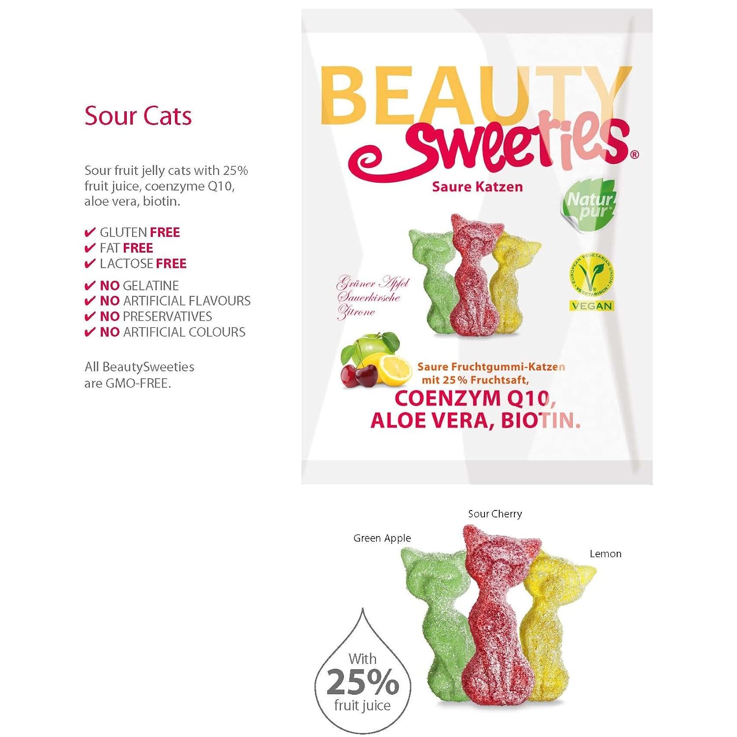 BeautySweeties Saure Katzen Fruchtgummi 125 g vegan mit Coenzym Q10 Biotin