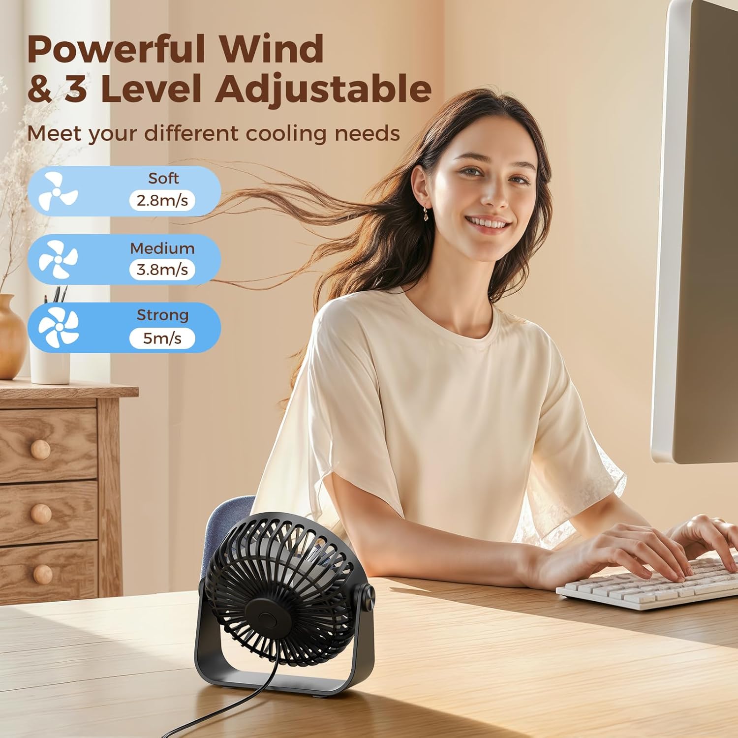 TriPole USB Tischventilator 11,4 cm 3 Stufen 360° verstellbar 1,5 m Kabel