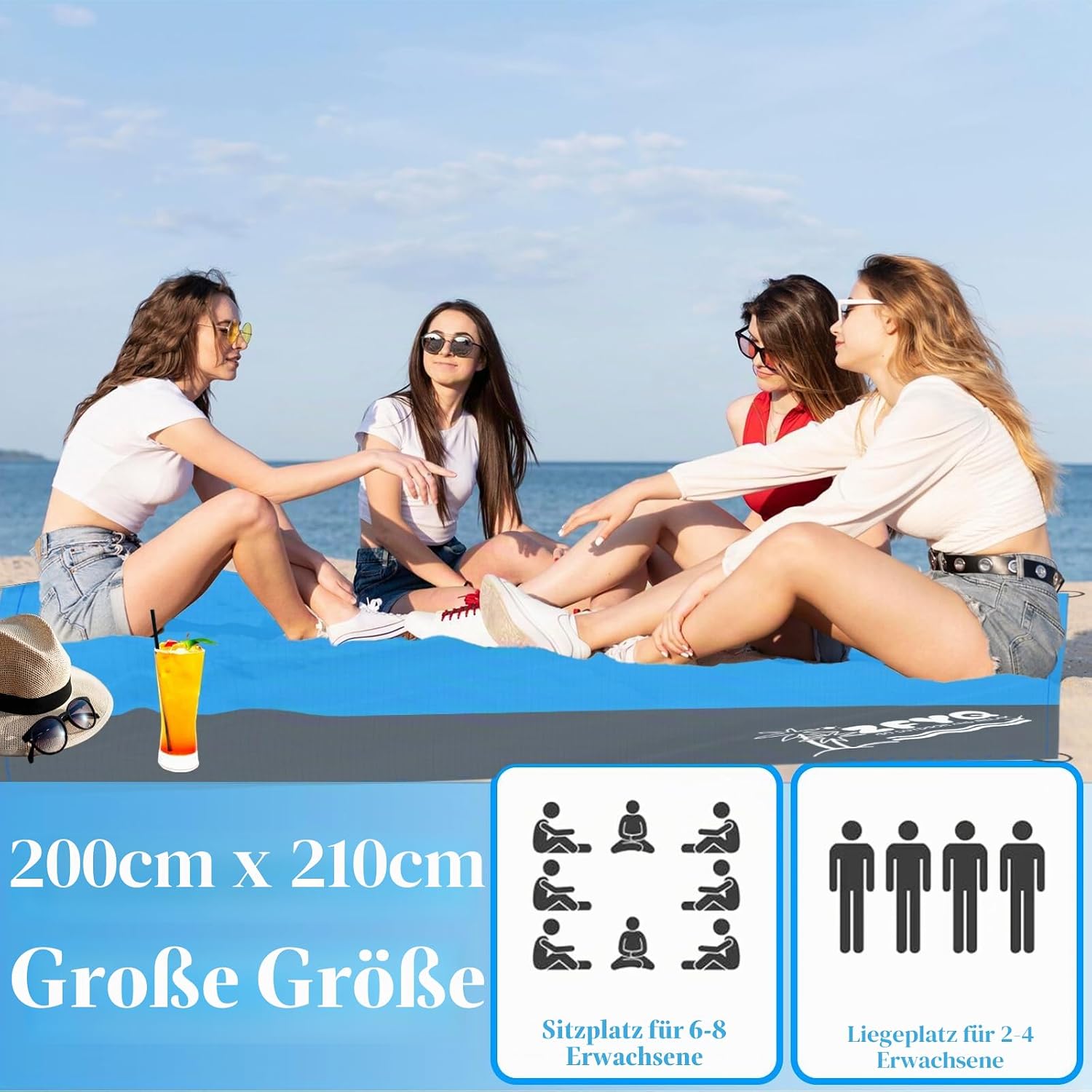 Picknickdecke 200 cm x 210 cm wasserdicht Stranddecke mit 4 Erdnaegeln