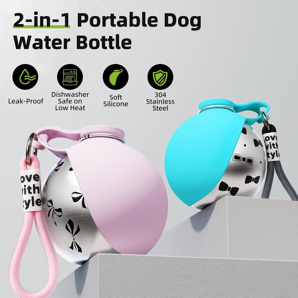 Hunde Trinkflasche Edelstahl mit faltbarem Silikonnapf Auslaufsicher Rosa