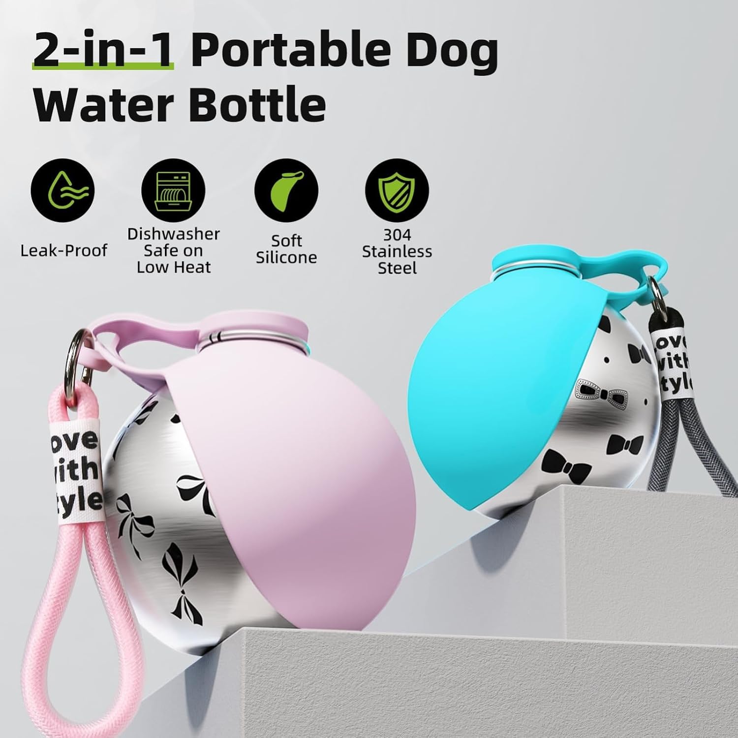 Hunde Trinkflasche Edelstahl mit faltbarem Silikonnapf Auslaufsicher Rosa