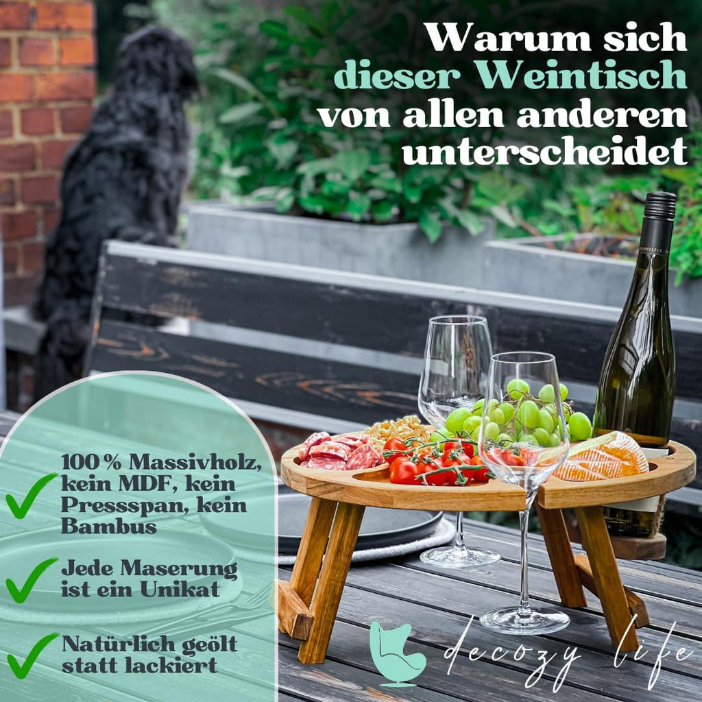 Decozy Life Weintisch aus Akazienholz klappbar - Weinbar, Strand- und Picknickti