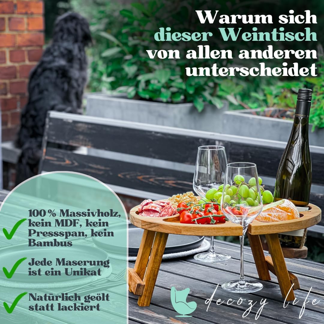 Decozy Life Weintisch aus Akazienholz klappbar - Weinbar, Strand- und Picknickti