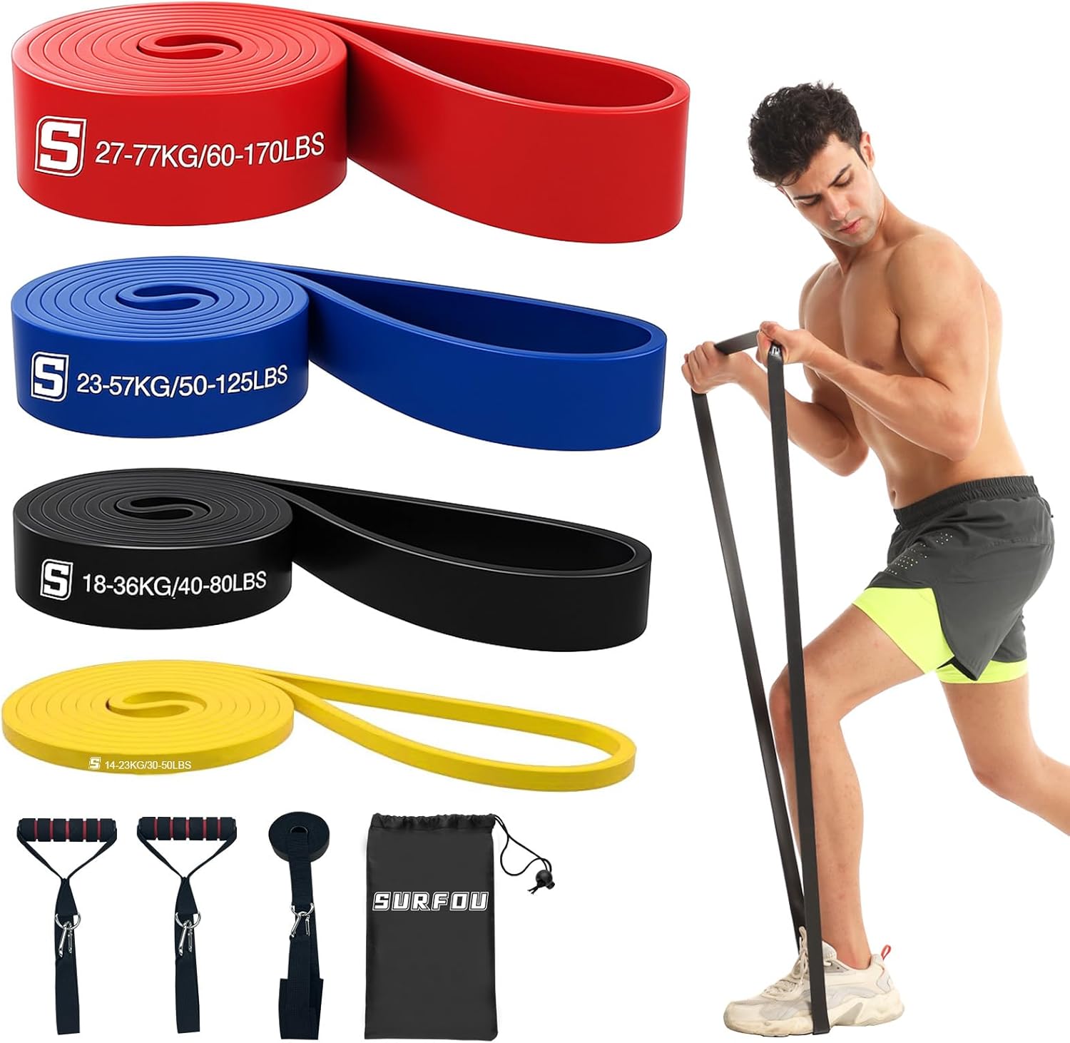SURFOU Fitnessbaender Set 4 Widerstandsstufen mit Tueranker und Griffen