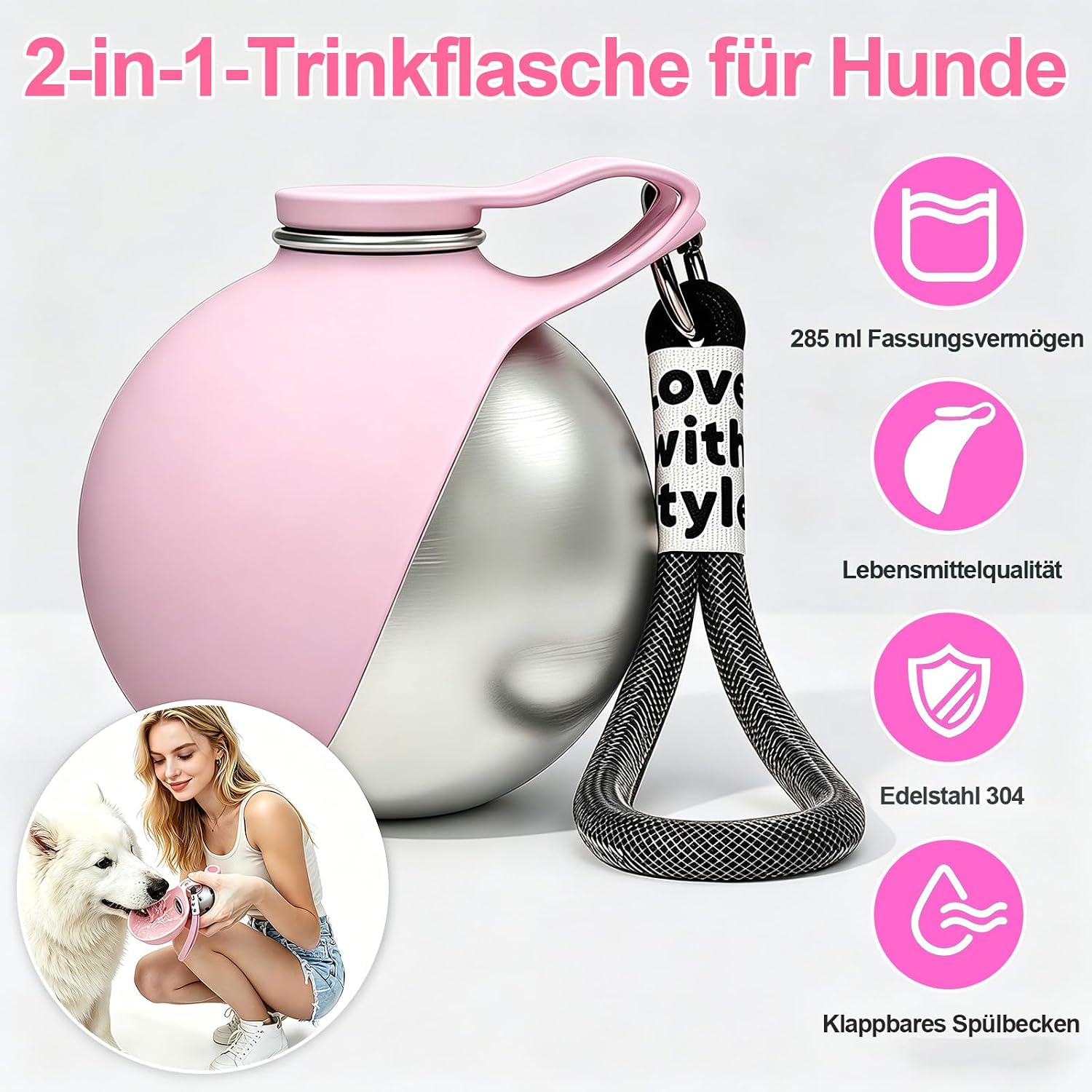 Hunde Trinkflasche 285 ml aus Edelstahl mit faltbarem Silikonnapf, auslaufsicher