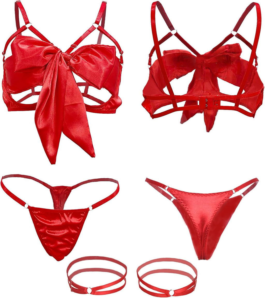 Damen Dessous-Set Sexy Satin Strapsen Hohl BH mit Schleife S-XL