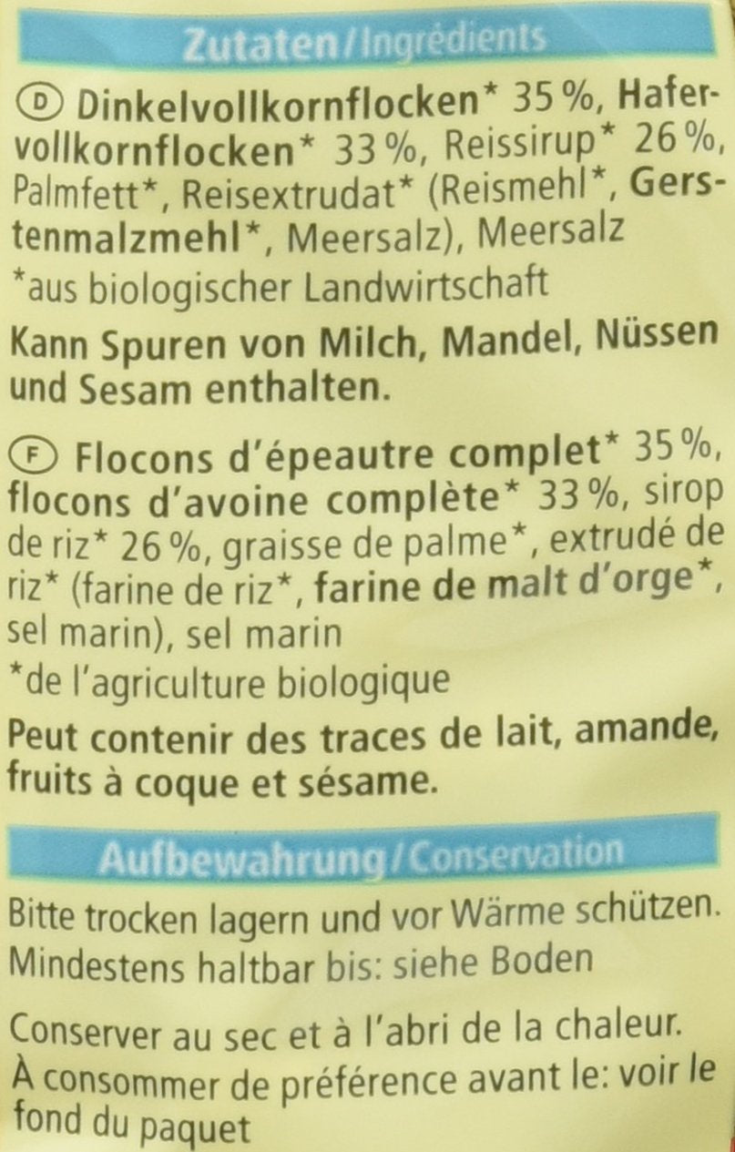 Dinkel Hafer Crunchy Knuspermuesli Fruehstueck verschiedene Sorten