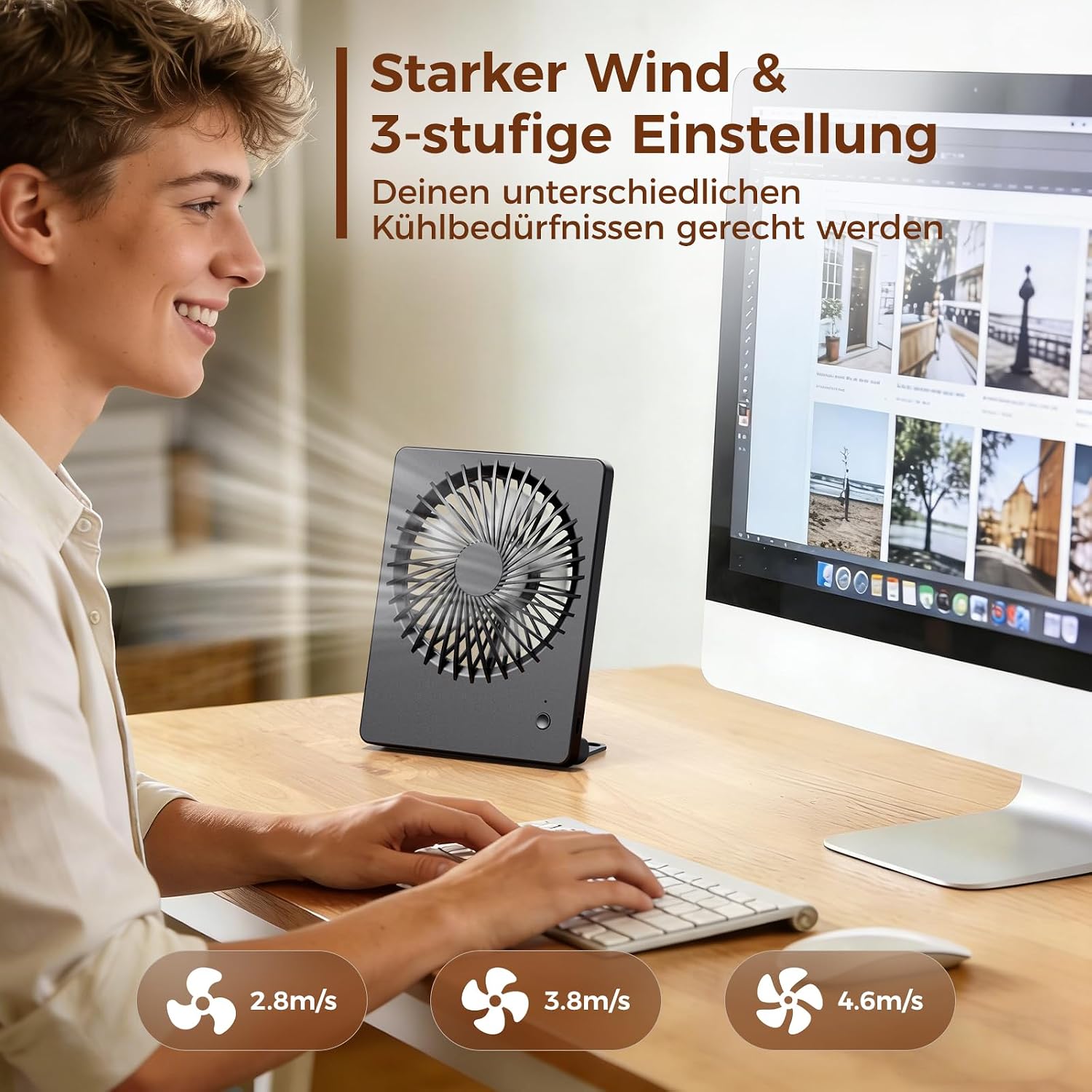 TriPole Tischventilator Akku 2000mAh, 3 Stufen, 30dB, 180° verstellbar